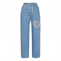 Washed Diamond Hollow Heart Decorative Straight Leg Jeans Fashion Loose Slim Straight Leg Pants TPA640783