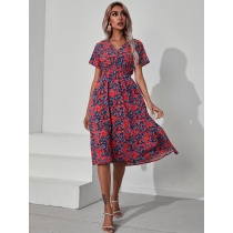 Summer floral print short sleeved dress XML109889