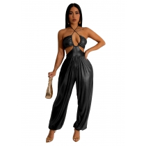 Chest wrapped hollow open back tie up PU jumpsuit H0303