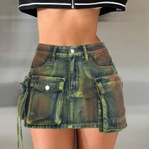 2023 Women's Tie Dyed Old 3D Spliced Irregular Large Pocket High Waist Zipper Slim Fit Denim Short Skirt KJ02422