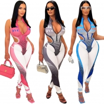 Fashion Women's Digital Printing Sleeveless Zipper Slim Fit Pants Two Piece Set CY900677
