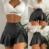 PU leather casual pants, pleated skirt, buttocks wrapped A-line shorts, leather skirt, ruffled edge, small leather pants SU2371