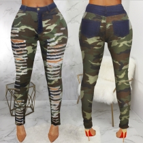 Sexy and personalized perforated high waisted tight pants with raw hem camouflage leggings HSF2096