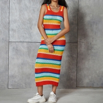 Knitted Skirt Contrast Color Fashion Sexy Hollow out Slim Fit Sleeveless Long Dress W23D33269