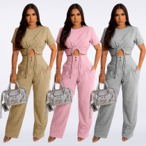 Thickened cotton short sleeved pleated T-shirt loose wide leg pants two-piece set L511