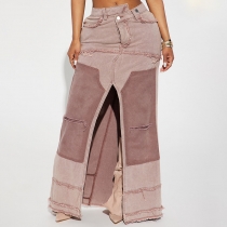 High waisted zippered split A-line loose denim skirt long skirt KJ06614