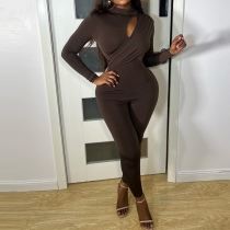 Round neck pullover long sleeved all-in-one tight fitness jumpsuit JP005971