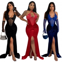 Lace up neck hanging high slit solid color hot diamond dress sexy evening dress with mesh sleeves CY900977