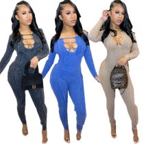 High quality pit stripe elastic sexy long sleeved jumpsuit print D8057