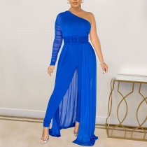 Solid Color Sexy Mesh Perspective One Shoulder jumpsuit ZK083