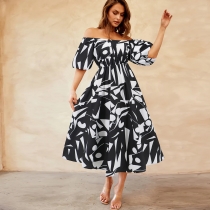 One line neckline bubble sleeve printed skirt, casual fashion, large swing, temperament dress LQ871