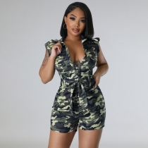 Sleeveless personalized strap camouflage sexy hollow out lapel jumpsuit M3007