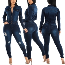 Slim fit, elastic, tight fitting, perforated, washed long sleeved denim jumpsuit JLX3569