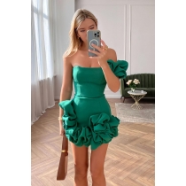 Flower bud waist cinched dress, one shoulder strapless and hip wrapped skirt YH-0265