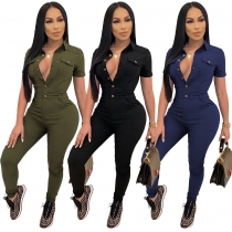 Solid color lapel short sleeved single breasted jumpsuit S390172