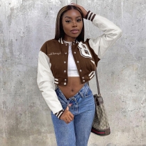 Letter embroidered leather sleeve patchwork standing neck baseball jacket FFD1140C
