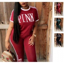 Multiple colors Short-sleeved printing letter Pink two pieces set sport suits OYW1047