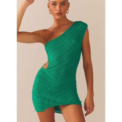 Sleeveless One Shoulder Sexy Knitted Dress Hollow Mini Wrap Hip DCL052