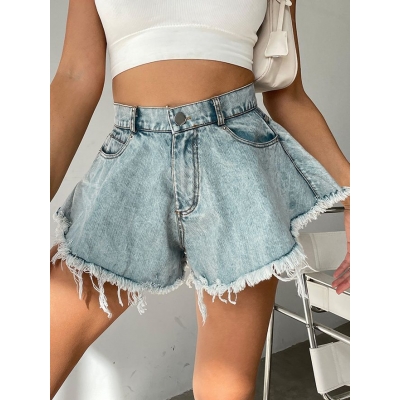 Denim shorts for women with torn holes, high waisted, loose fringed jeans HY6010