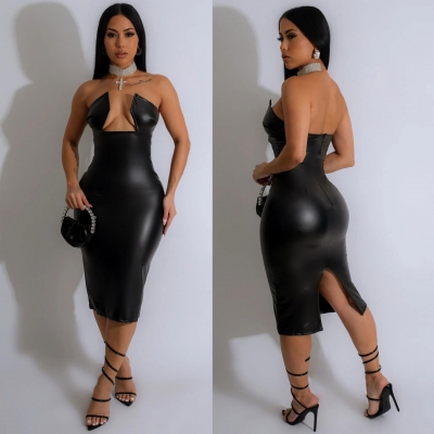 Tight elastic buttocks with irregular hollow and split leather strapless skirt K2982