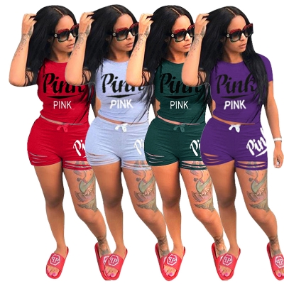 Sexy Women Letter Pink Printed Two Pieces Sets H899