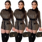 Women's Sexy Button Houndstooth Gold Jacquard Long Sleeve Mini Slim Dress Y5222