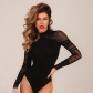 New women's round neck fashion mesh stitching long-sleeved slim solid color jumpsuit K21K07793