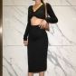 New women's fashion long-sleeved V-neck navel T-shirt slim slit skirt suit women K21S08018