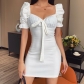 New Solid Color Slim Fit Sexy Dress French Breast Cup Puff Sleeve Skirt 23195P
