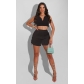 Women's fashion casual solid color small U neckline fringed shorts two-piece set BY09686
