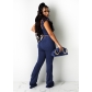 Women's High Stretch Denim V-Neck Petal Sleeve Flared Trousers Suit A859