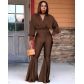 Fashion casual solid color sexy V-neck top big flared trousers two-piece suit M2131