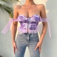 Sexy Floral Tight Bow Knot Off Shoulder Sling Top Fashion Design Open Back Showing Chest Tank Top CC22015