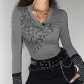 Sexy Skinny Women's Retro Print Hot Drill Long Sleeve Cropped Navel T-Shirt Bottoming Top HT23567