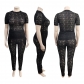 Large size spring and summer short-sleeved see-through nightclub lace two-piece suit J22Y6107