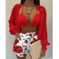 Three-piece tropical-print balloon-sleeve shirt and shorts set with crop top YC5200