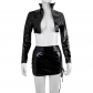 Women's PU leather shiny sexy halter neck wrap chest small jacket drawstring skirt three-piece set BR21A081