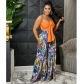 Two-piece set of fashionable strapless open-back printed slit trousers C5815