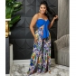 Two-piece set of fashionable strapless open-back printed slit trousers C5815
