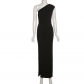 Women's Solid Color Casual Pleated Diagonal Slim Fit Long Dress K22D12730
