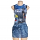 Street Fashion 3D Denim Print Sleeveless Slim Slim Short Skirt Suit K22S15865