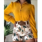 Fashion Casual Suit Solid Color Long Sleeve Lapel Shirt Printed Shorts Two Piece HK8296