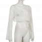 Fashion pure and sweet mesh hollow horn sleeve short solid color knitted blouse NW23356