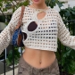 Fashion pure and sweet mesh hollow horn sleeve short solid color knitted blouse NW23356