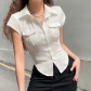Fashion Solid Color Temperament Lapel Pocket Breasted Slim Fit Slim Short Sleeve Shirt Top NW23365