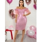 Sexy Tube Top Off Shoulder Collar Lotus Leaf Short Sleeve Pink Sequin Dress Slim Dress Large Size Women's Clothing AM211246