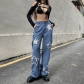 Star patch stitching straight jeans high waist trend handsome gray black slim trousers P23761