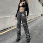 Star patch stitching straight jeans high waist trend handsome gray black slim trousers P23761