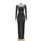 Fashion women's hot drill mesh see-through long-sleeved long dress C6023