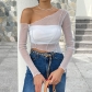 Clean color diagonal shoulder long sleeve gauze perspective exposed navel Spicy Girl Top M22TP486